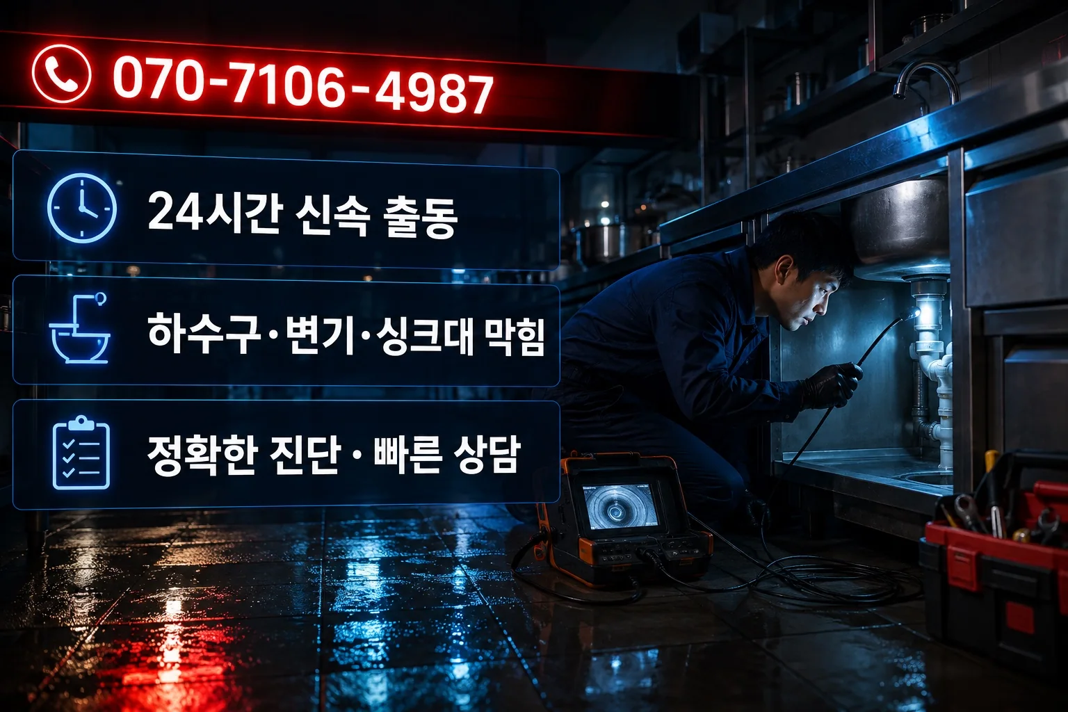 청명배관 야간 상가 싱크대 점검 서비스 안내